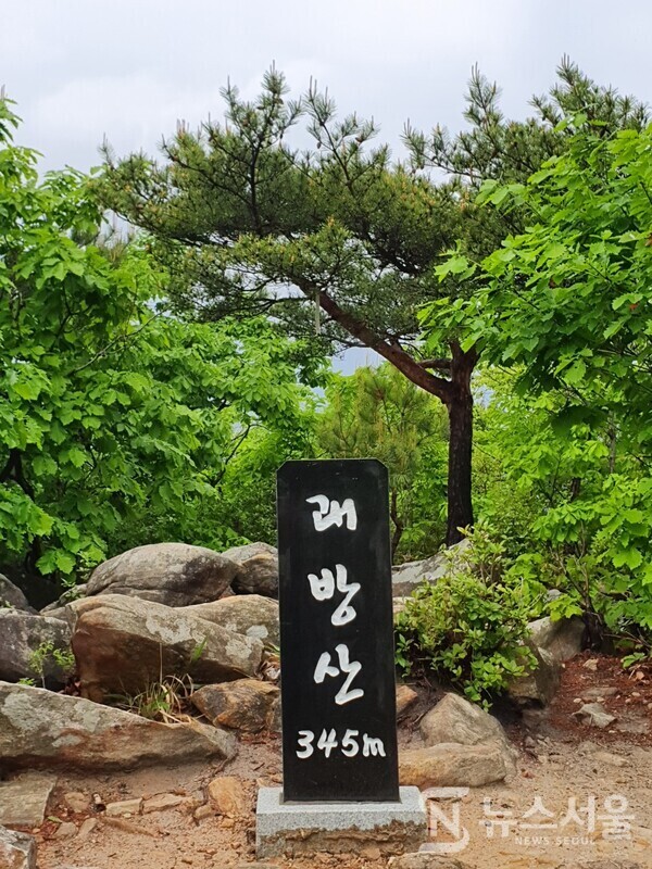괘방산 정상석. 괘방산 정상은 해발 345m인데, 정상이 숲에 둘러싸여 있어 전망이 그리 좋지는 못하다.