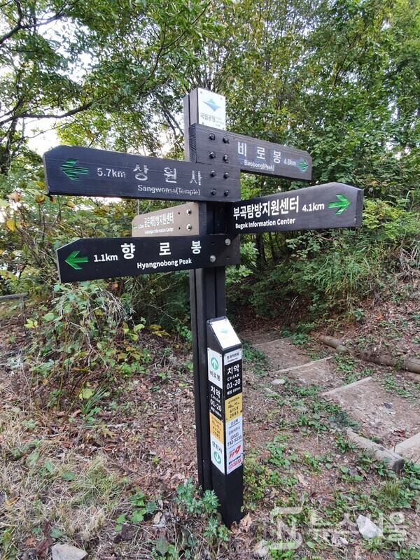 곧은재 이정표. 황골삼거리에서 남쪽으로 약 3.5km 거리에 '곧은재'가 있다. '곧은재'에서는 우측으로 관음사로 하산할 수 있으며 좌측으로는 횡성군 강림면 부곡리로 하산하는 길이 갈라진다. 또한 곧은재에서 남쪽으로 1km 정도 진행하면 해발 1,043m 높이의 '향로봉'에 도달하게 된다.