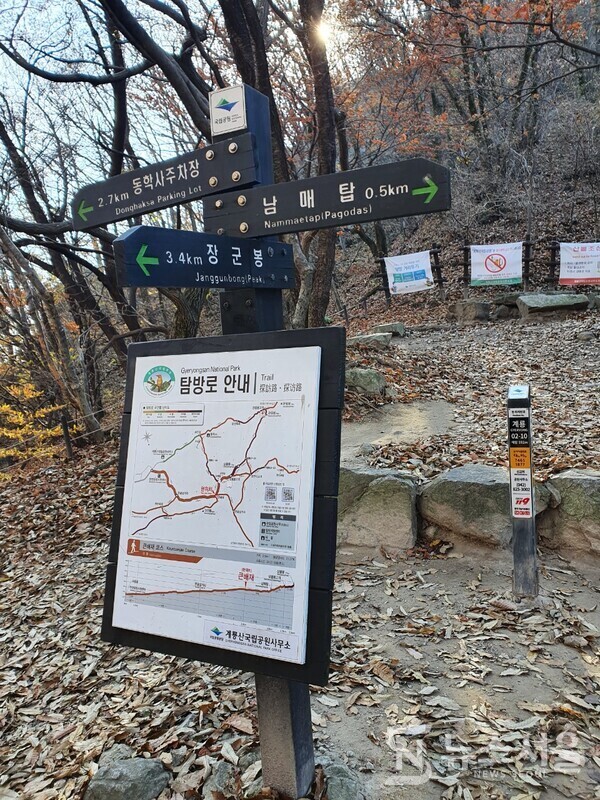 큰배재 이정표. 동학사 주차장에서 서쪽방향으로 걷다보면 우측으로 ‘천정탐방지원센터’가 있으며 이곳을 지나 문골삼거리를 거쳐 남매탑 방향으로 쭉 이어진 산길을 따라 걷다보면 널따란 고개가 나오는데 바로 ‘큰배재’이다. 큰배재에서는 남매탑이 그리 멀지 않으며 장군봉으로 산행하는 길이 갈라지는 곳이다.