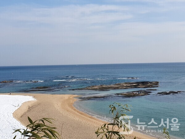 청간정에서 바라본 동해바다. ‘청간정(淸澗亭)’은 청간천과 동해바다가 만나는 구릉 위 절벽에 위치하고 있어서 동해바다가 한눈에 조망된다. 청간정에서 바라보는 해변과 바닷물에 반쯤 잠긴 바위, 짙은 파란 색의 동해 바다의 뒤섞인 풍경은 청간정(淸澗亭)이 관동팔경 중 하나에 속하는 이유를 넉넉히 알 수 있게 한다.