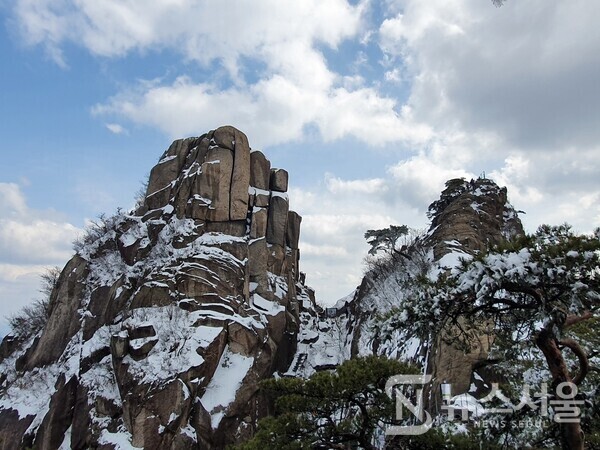 도봉산 자운봉과 신선대. 도봉산은 서울 도봉구와 경기도 양주시 장흥면, 의정부시 접경지대에 있는 산으로 가장 높은 봉우리는 해발 740m 높이의 ‘자운봉’인데 걸어서 올라가기는 불가능해서 바로 옆에 있는 신선대(해발 726m)가 등산객들에게는 정상 노릇을 한다. 필자가 산행을 한 3월 20일 전날 서울과 의정부, 양주에 때 늦은 많은 눈이 내렸고 도봉산 자운봉과 신선대에 하얀 눈이 바위 봉우리에 쌓여 최고의 풍경을 선사하고 있었다.