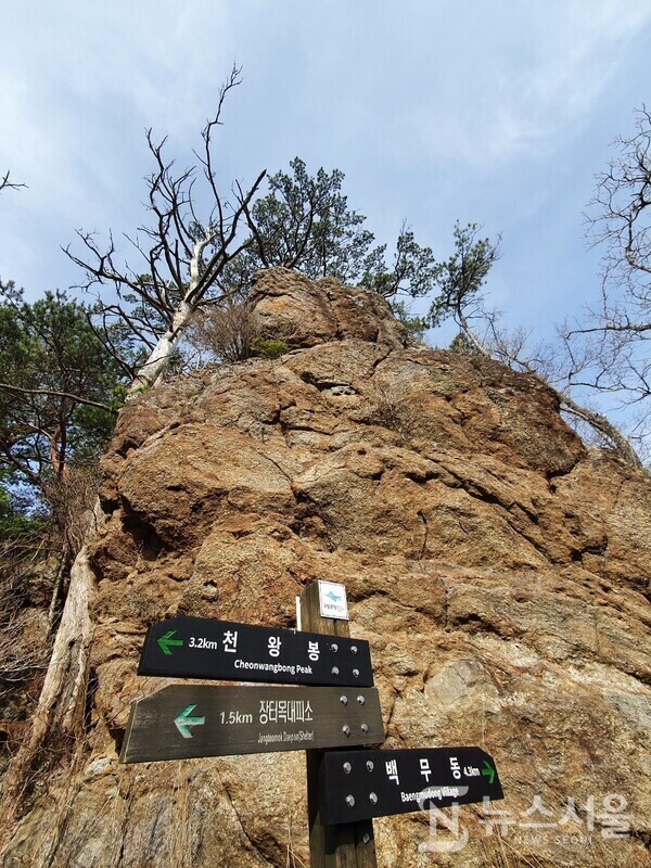 윗 소지봉과 이정표. 백무동에서 장터목대피소까지 거리는 약 6km 정도이다. 이 코스는 다른 지리산 산행코스에 비하여 거리는 상대적으로 짧은 편에 속하지만 경사가 상당히 급하여 힘든 코스 중 하나로 꼽힌다. 백무동에서 장터목대피소 가는 코스 중 약 4분의 3 정도 지난 곳에 ‘윗 소지봉’이 있다. 백무동에서 윗 소지봉까지 거리는 4.3km이고, 윗 소지봉에서 장터목대피소까지 거리는 1.5km이다.