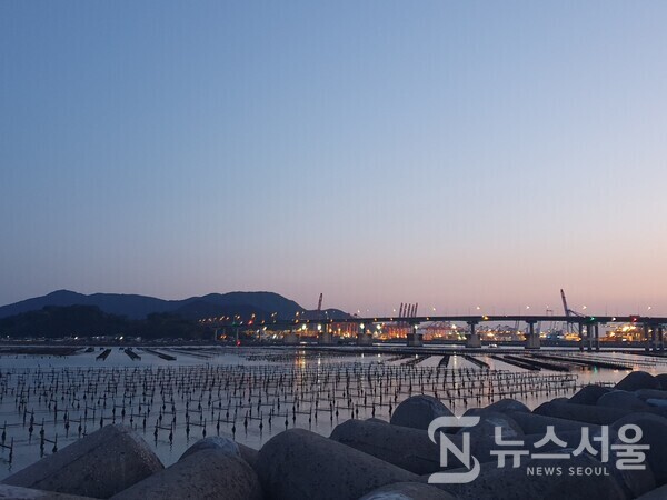 녹산산단 해안산책로에서 바라본 부산신항 야경. 부산 강서구 녹산산업단지 서쪽에는  ‘부산신항’이 있다. ‘부산신항’은 부산 강서구와 경남 창원시 진해구에 걸쳐 있는 국제무역항으로 포화상태인 부산 북항을 대체하여 부산의 서쪽 끝에 새롭게 건설된 컨테이너 항만인데, 현재 우리나라에서 물동량이 제일 많은 항만이다. 녹산산단 해안산책로를 야간에 걷노라면 부산신항에서 내뿜는 화려한 불빛의 향연을 만끽할 수 있다.