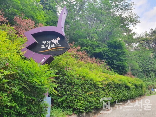 진해드림로드 입구 안내판. ‘장복 하늘마루길’에 있는 하늘마루 전망대에서 장복산 조각공원 쪽으로 내려가다 보면 ‘어울림전망대’와 삼밀사 입구를 지나 진해드림로드 입구에 도달할 수 있다.