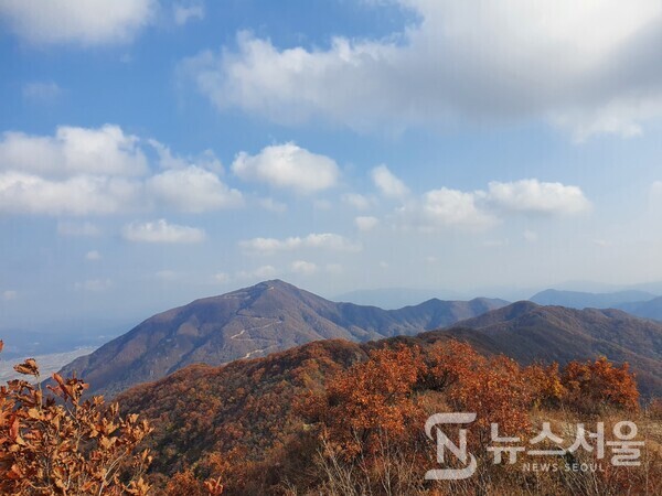 고대봉 정상에서 바라본 금학산. 고대산 정상에서는 북쪽으로 철원읍과 철원평야 및 동송읍 등이 한눈에 조망된다. 6·25전쟁 때 격전지로 유명한 ‘백마고지’가 손에 잡힐 듯 보이며, 철원 노동당사 및 한탄강 등도 그리 멀지 않게 느껴진다. 또한 동남쪽으로 정상인근에 있는 마애석불로 유명한 해발 947m 높이의 ‘금학산’도 조망된다. ‘금학산’은 강원도 철원군 동송읍 이평리에 소재해 있다. 