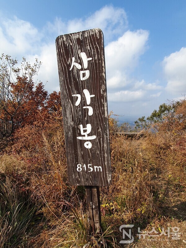 삼각봉 정상 표지목. 고대산 정상부 능선에 있는 800m 넘는 3개 봉우리 중 가운데 봉우리가 해발 815m 높이의 ‘삼각봉’이다. 삼각봉 정상에는 해발고도가 표시된 표지목이 있다. 