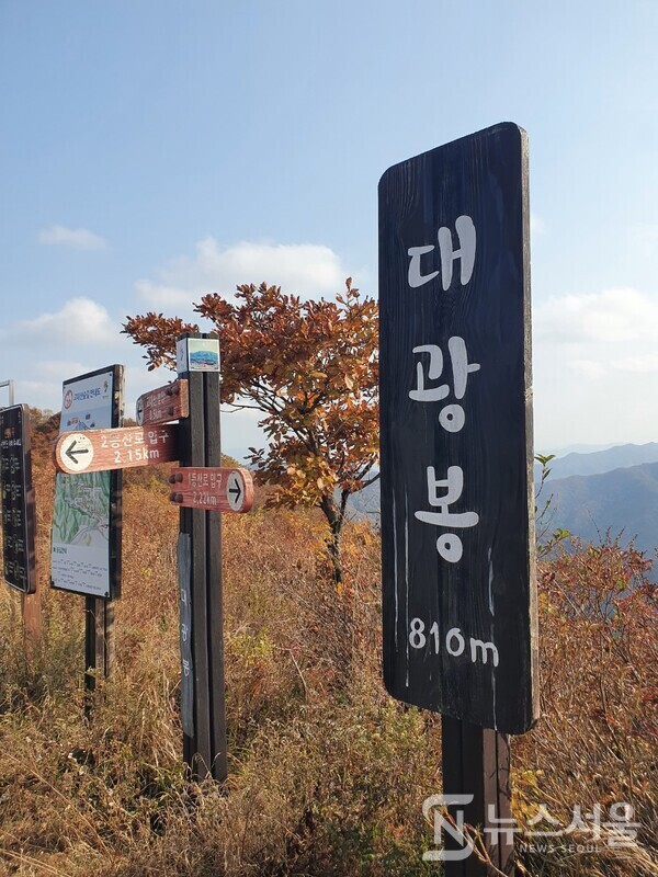 대광봉 정상 표지목. 고대산 정상부 능선에는 ‘대광봉’, ‘삼각봉’, ‘고대봉’ 이렇게 800m가 넘는 3개 봉우리가 연이어 있다. 그 중 가장 서쪽에 있는 봉우리가 해발 810m 높이의 ‘대광봉’이다. 대광봉에는 ‘고대정’이라는 8각 나무정자가 있어 고대산 등산객들에게 편안한 휴식과 확 트인 조망을 제공해주고 있다.   