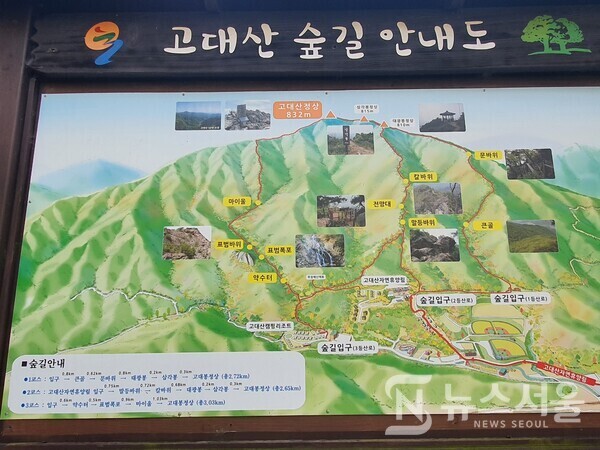 고대산 등산로 안내도. 고대산 등산로는 3개 코스가 일반적으로 이용되는데, ‘1등산로(코스)’는 큰골과 문바위를 거쳐 대광봉, 삼각봉을 지나 고대산 정상으로 이어지는 맨 남측 코스이다. 또한 ‘2등산로(코스)’는 고대산 자연휴양림에서 출발하여 말등바위, 칼바위를 지나 대광봉으로 가는 코스이며, ‘3등산로(코스)’는 고대산 캠핑리조트를 출발하여 표범폭포, 마여울을 지나 고대산 정상으로 연결되는 맨 북측 코스이다. 