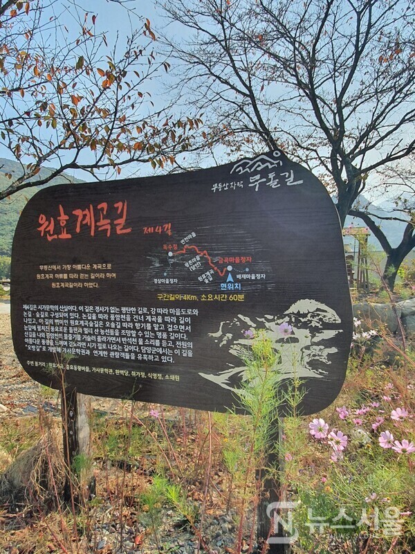 무돌길 제4길 원효계곡길 안내판. 무돌길 제4길 ‘원효계곡길’은 광주 북구 금곡동 ‘금곡마을’에서 시작하여 원효계곡 바로 위쪽 산길을 지난 후 ‘금산교’를 건너 ‘담안마을’로 접어들고 다시 ‘평촌교’를 건너 ‘평촌마을’을 관통한 후 전남 담양군 가사문학면 연천리로 들어서고 연천리 ‘반석마을’을 거쳐 독수정 입구 ‘산음교’까지 이어지는 광주 북구와 전남 담양군 가사문학면에 걸쳐 있는 코스이다. 무돌길 제4길 시작지점인 ‘금곡마을’ 버스정류장 인근에는 무돌길 제4길 ‘원효계곡길’에 대한 자세한 설명이 적혀진 안내판이 자리잡고 있다. 